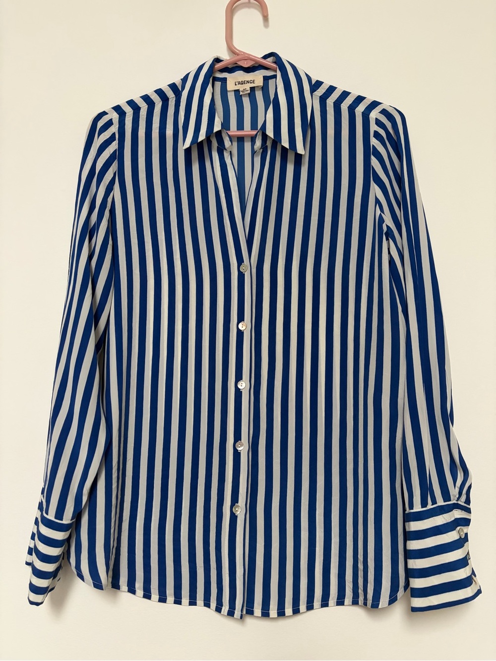 24H SALE - L'AGENCE Silk Blue and White Vertical Stripe Button-Down Shirt Small - Picture 1 of 10